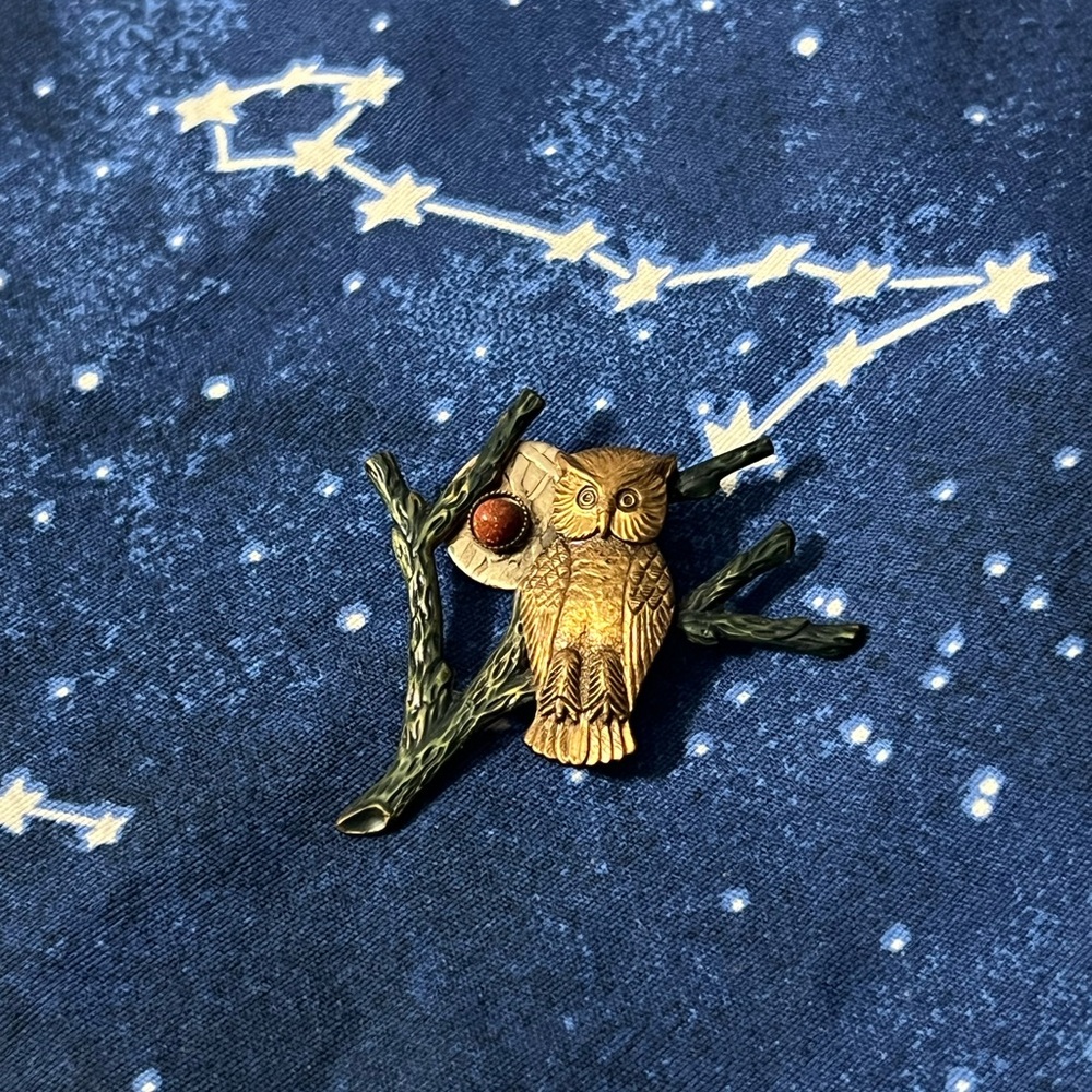 LAST CHANCE! VINTAGE Brass Perched Owl & Moon Lapel Pin Brooch